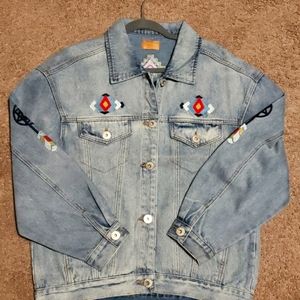 Denim Jacket with Aztec-inspired print